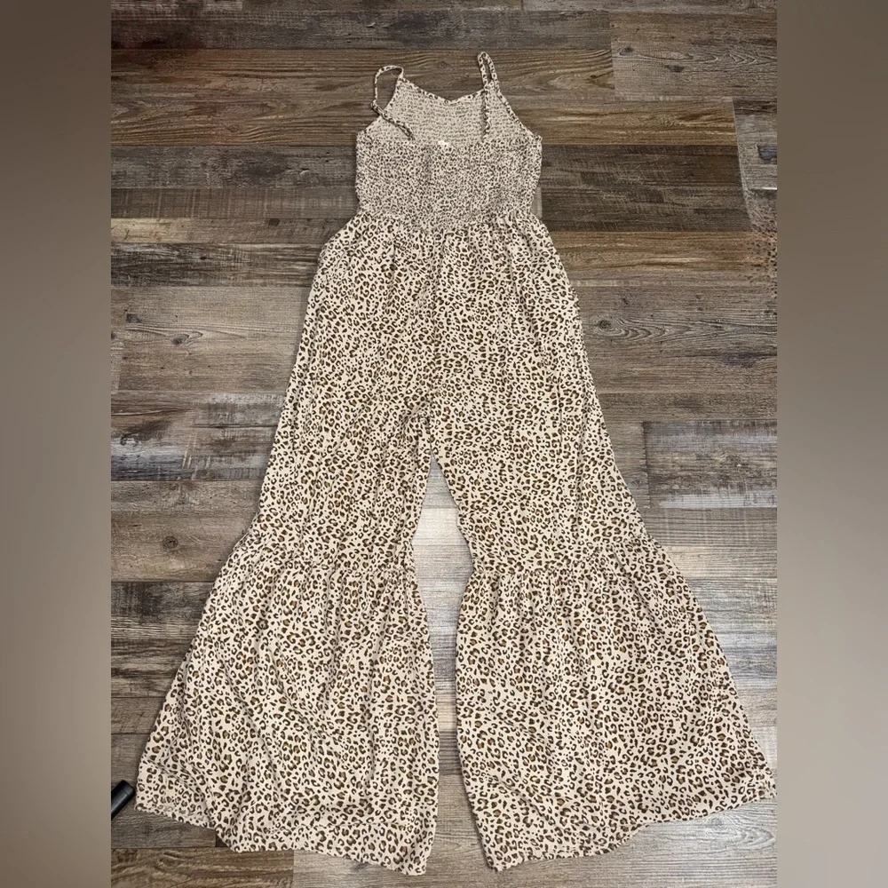 Japna Leopard Print Jumpsuit Womens Medium Wide Leg Boho Smocked